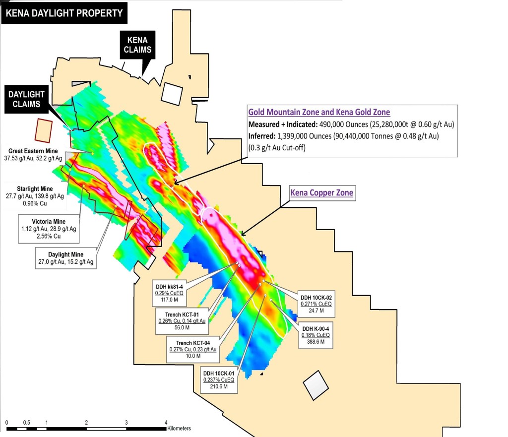 Prize Mining - Kena-Liegenschaft mit drei wichtigen Gold- und Kupfer-Gold-Zonen; Quelle: Prize Mining