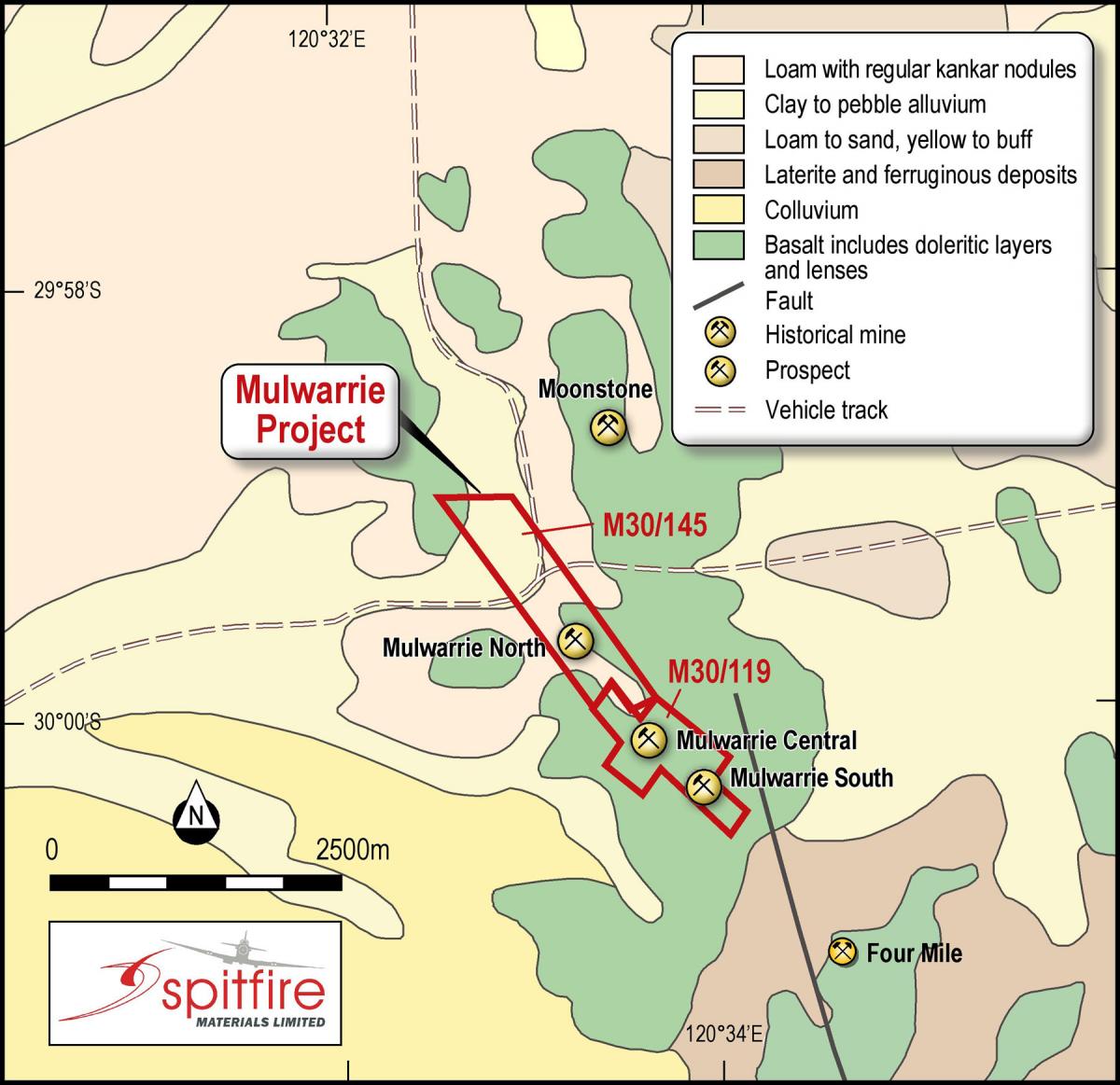 Spitfire Materials Mulwarrie tenements and simplified geology