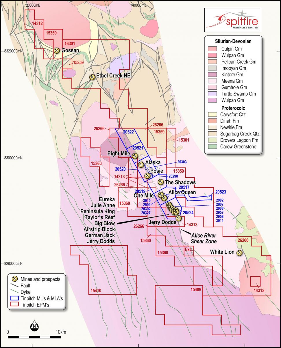 Spitfire Materials Tenements and regional geology Alice River Gold Project