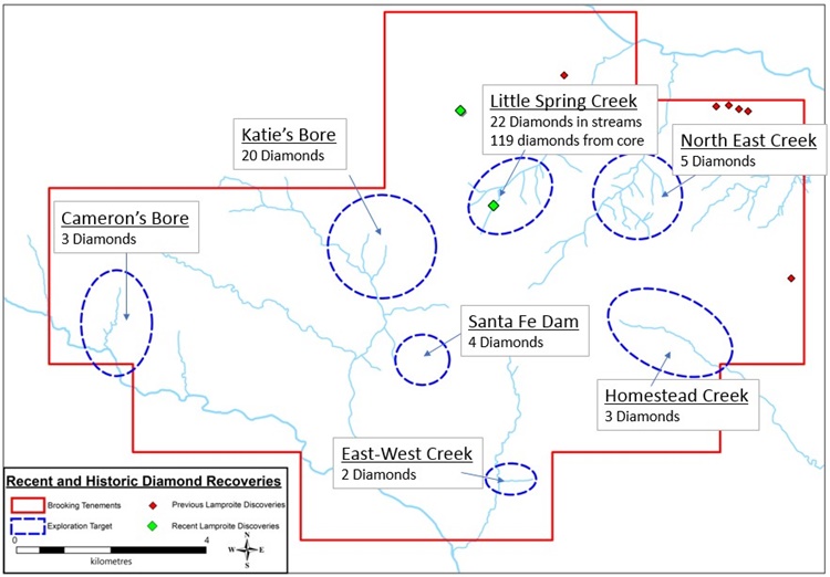 Lucapa Diamond Exploration targets at the Brooking diamond project showing diamond recoveries from previous stream sampling and diamonds from the Little Spring Creek discovery hole