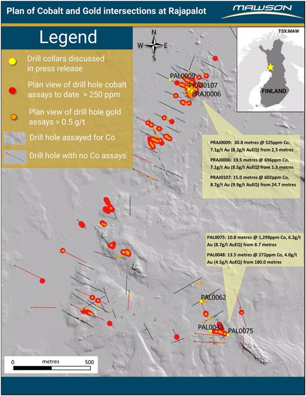 Mawson Resources Plan der Kobalt und Goldabschnitte auf Rajapalot
