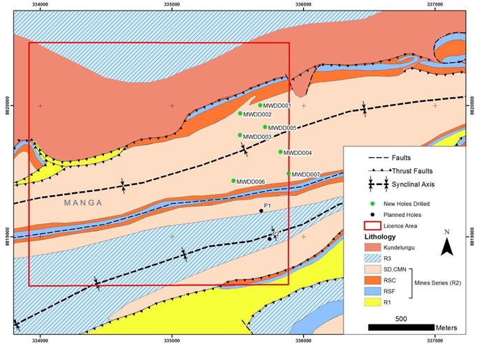Taruga Minerals Von Gecamines interpretierte Geologie zeigt niedergebrachte und geplante Bohrungen P1 und P2 auf Mwilu