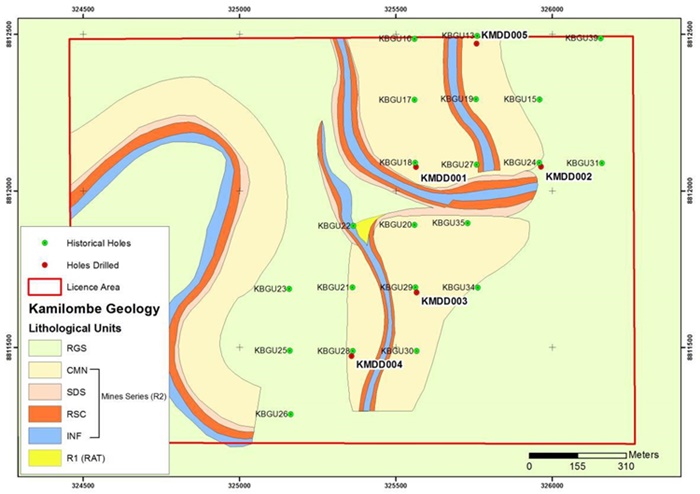 Taruga Minerals von Gecamines interpretierte Geologie die historische Kernbohrungen von KCC Gecamines und 5 Zwillings Kernbohrungen der Taruga zeigt