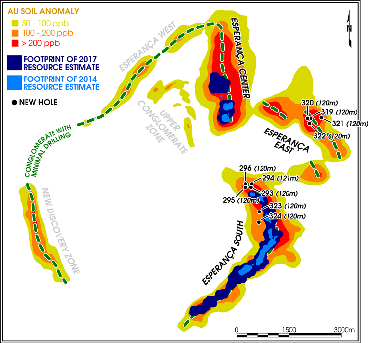 TriStar Gold Mineralized conglomerate targets identified at Castelo de Sonhos with high priority targets labelled in black. Location and depths of the most recent drill holes shown