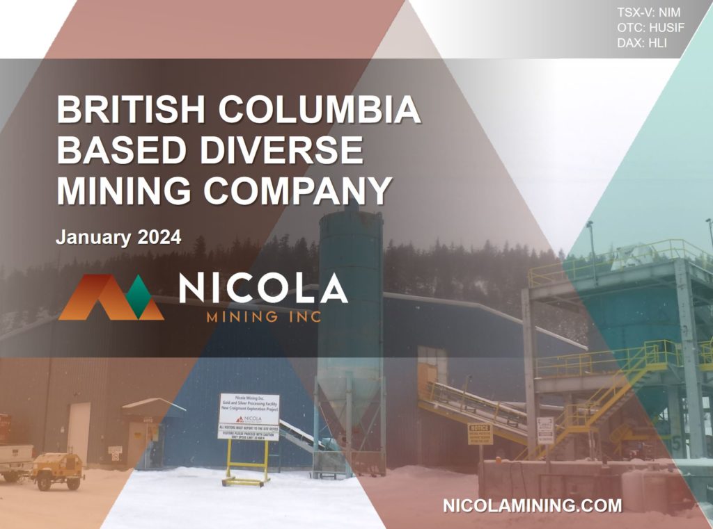 Werbebild für Nicola Mining Inc., mit einer Bergbauanlage im Winter und dem Text "BRITISH COLUMBIA BASED DIVERSE MINING COMPANY January 2024", sowie Web- und Börsenkürzel-Informationen.