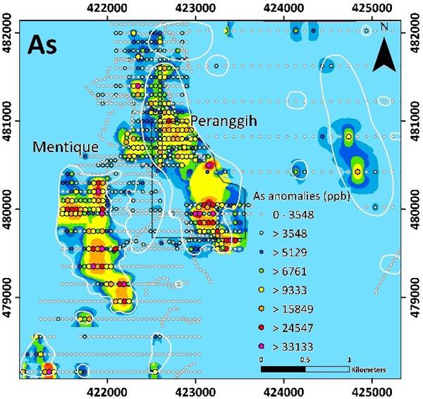 MMY Arsenic As shows a strong spatial correlation with Au both at Peranggih and Mentique Prospect
