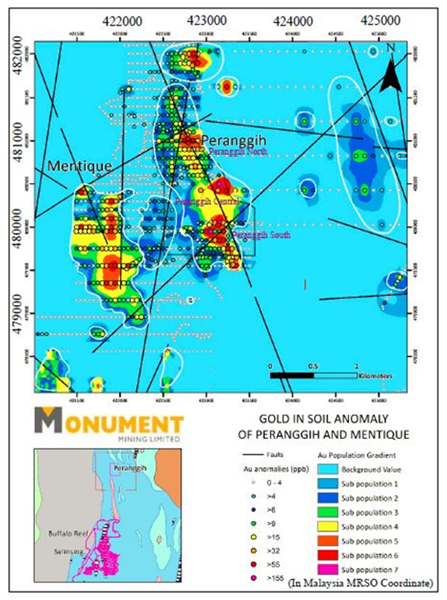 MMY Gold in soil anomaly at Peranggih and Mentique prospects