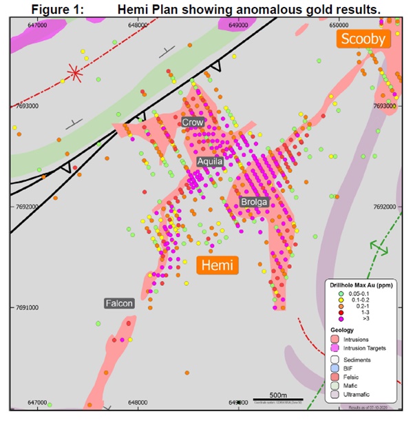Hemi Plan showing anomalous gold results