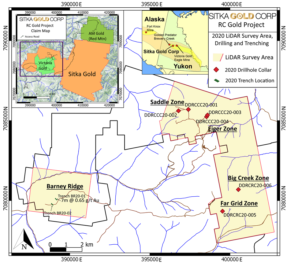 Abbildung 2 Karte von Saddle Eiger und anderen Zonen auf dem RC Goldprojekt