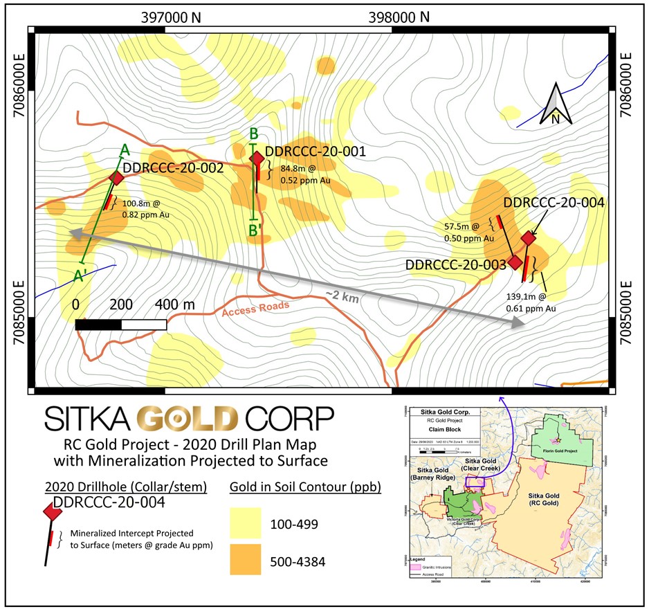 Abbildung 3 Saddle Eiger Zone Gold In Soil Anomalie und 2020 Bohrlöcher