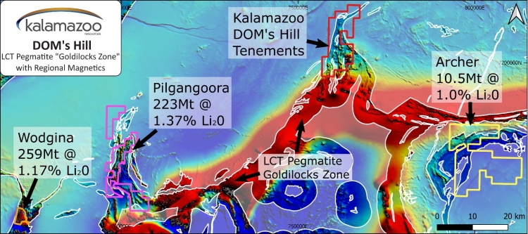 Kalamazoo Resources - Lage des DOMs Hill-Projects in Bezug zu den Lithiumminen Pilgangoora und Wodgina