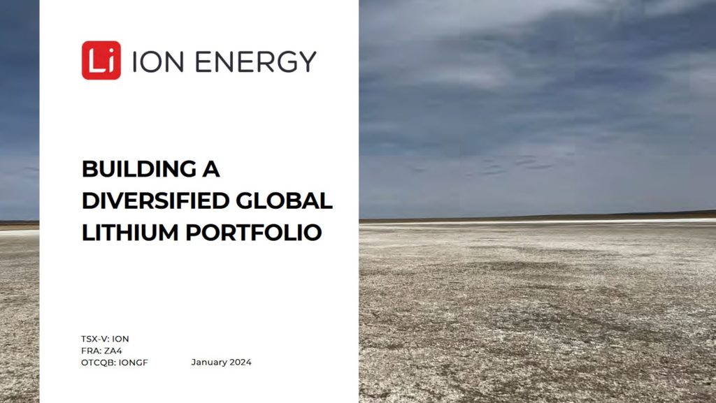 Titelseite der Präsentation von ION Energy mit dem Slogan "BUILDING A DIVERSIFIED GLOBAL LITHIUM PORTFOLIO", Börsenkürzeln und Datum "January 2024".