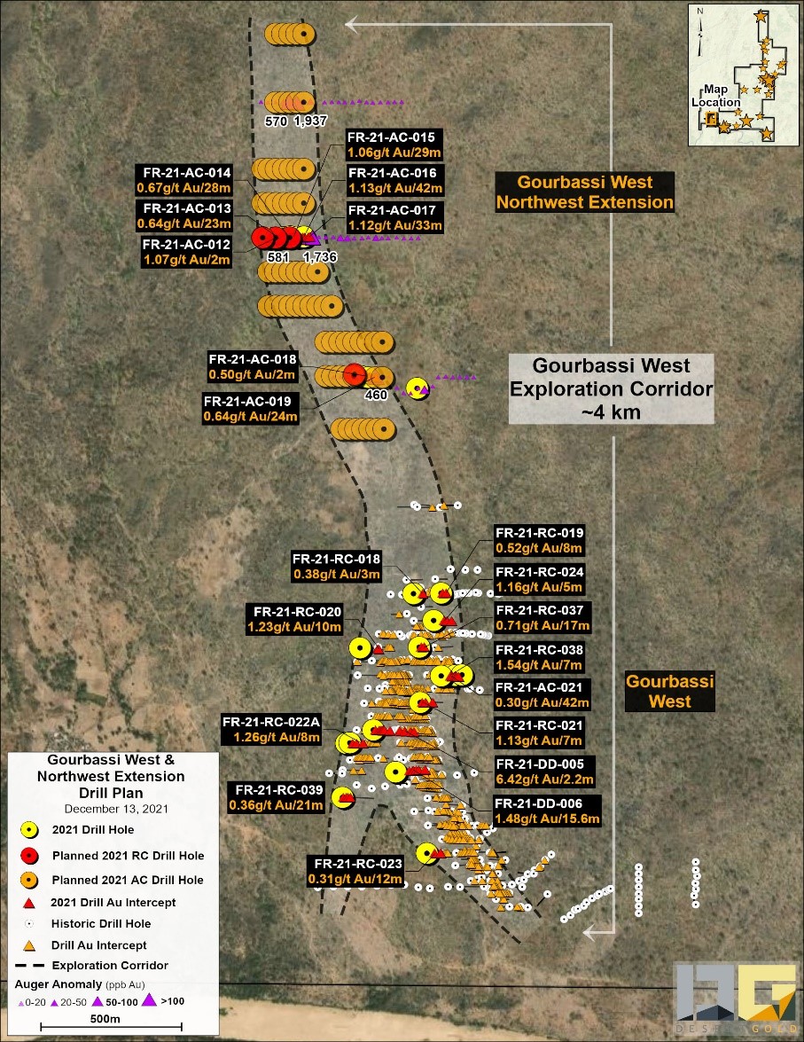 Desert Gold Draufsicht auf das Zielgebiets Gourbassi West und Nord mit den geplanten Bohrungen