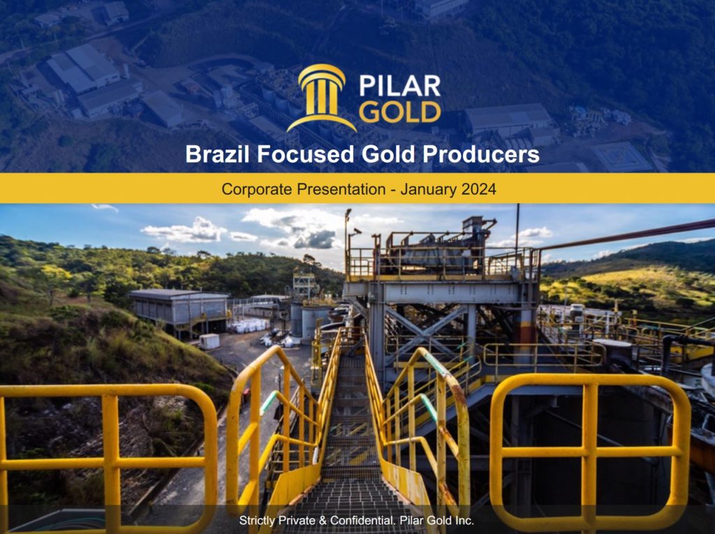 Deckblatt der Unternehmenspräsentation von Pilar Gold, mit der Ansicht einer Goldmine, Geländer im Vordergrund und der Überschrift "Brazil Focused Gold Producers - January 2024".
