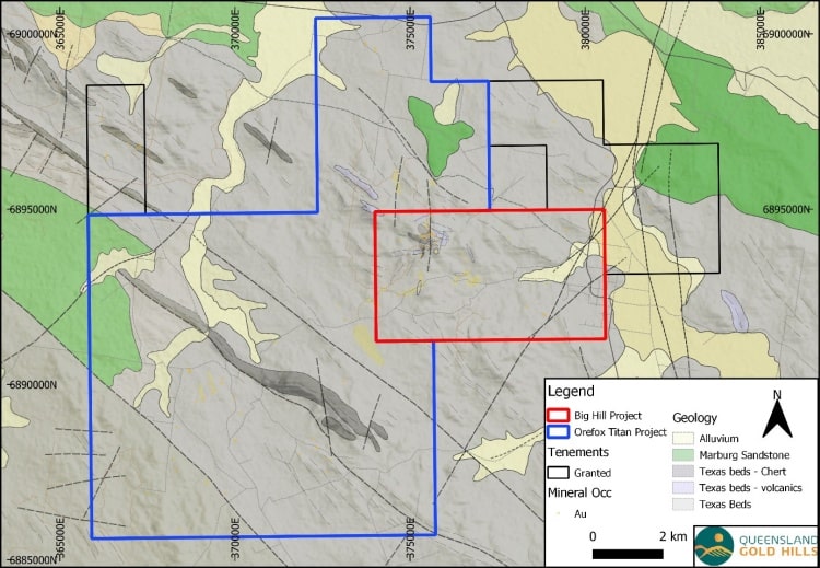 Queensland Gold Hills Karte von Big Hill rot mit der angrenzenden Lizenz Orefox Titan min