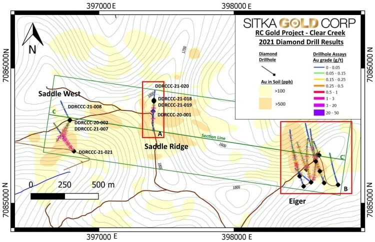 Sitka Gold Die Draufsicht zeigt den rund 2 Kilometer langen Korridor zwischen Saddle West und Eiger min min