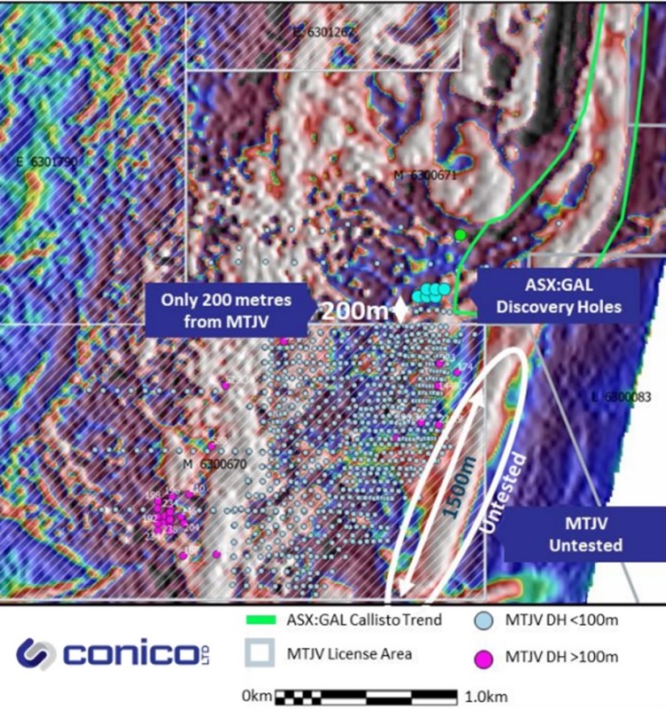 Conico Abbildung 1 Der so genannte Callisto Trend auf der Liegenschaft von Galileo Resources setzt sich geologisch auf dem Gebiet des Mt. Thirsty Joint Ventures fort