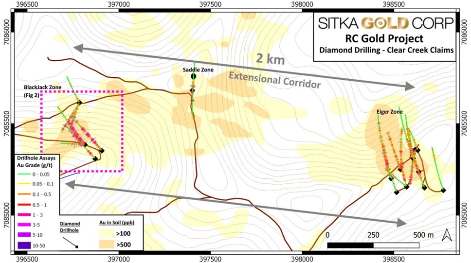 Sitka Gold Abbildung 4 Der 2 Kilometer lange Ausdehnungskorridor ist durch eine Gold im Boden Anomalie von 100 ppb und 500 ppb umrissen