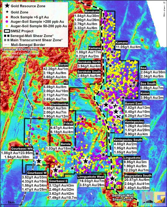 Desert Gold Ventures Plankarte der Minerallagerstätten und Zonen bedeutsame Bohrlochabschnitte
