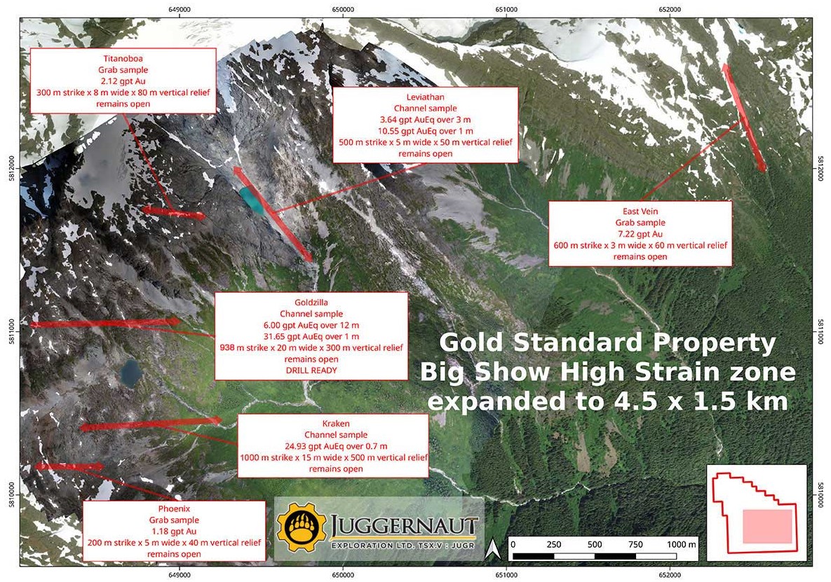 Juggernaut Exploration Abbildung 1 Übersicht über die ausgeprägten Venen Strukturen in alpinem Terrain auf dem Projekt Gold Standard