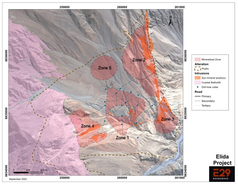 Element 29 Resources The Elida porphyry cluster showing five identified mineralized zones