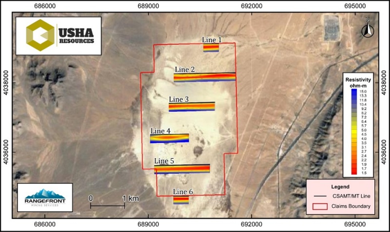Usha Resources Topographic map of the Jackpot Lake lithium brine project with MT survey results overlaid