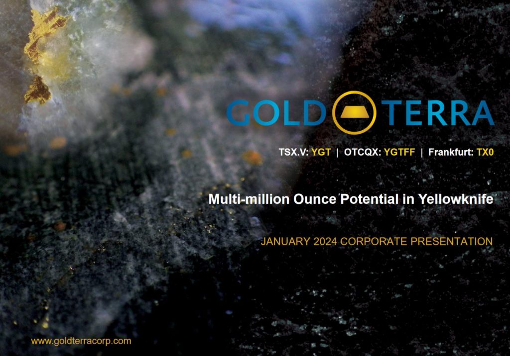 Werbebild für Gold Terra mit goldenen Gesteinspartikeln, Firmenlogo, Börsenkürzeln und "Multi-million Ounce Potential in Yellowknife, January 2024 Corporate Presentation".