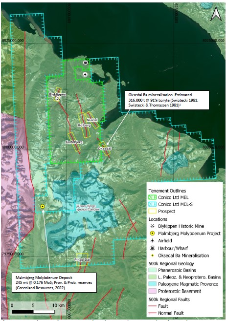 Conico Abbildung 3 Lageplan des Mestersvig Projekts mit den wichtigsten Prospektionsgebieten und der regionalen Geologie