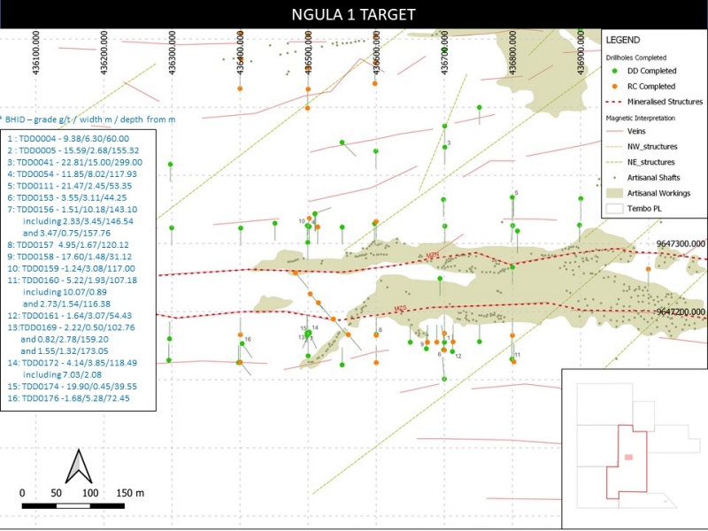 Ngula 1 ist eine 600 m lange und 120 200 m breite Zone die mehrere von Osten nach Westen verlaufende Scherzonen beherbergt