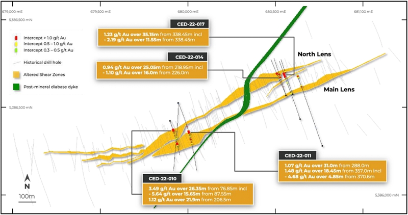Goldshore Drill plan showing best of several 1 gt Au intercepts relative to the altered shears