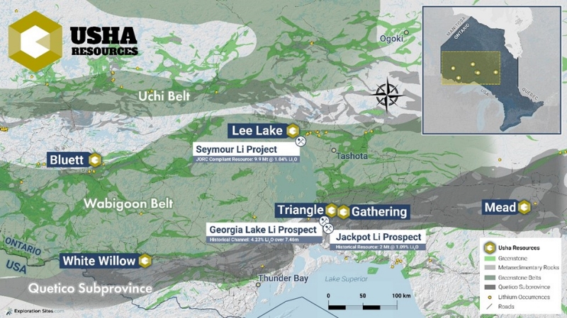 Usha Resources Regionale Karte die die Lage von Ushas Projekt White Willow im Vergleich zu anderen bedeutenden Projekten in der Region zeigt