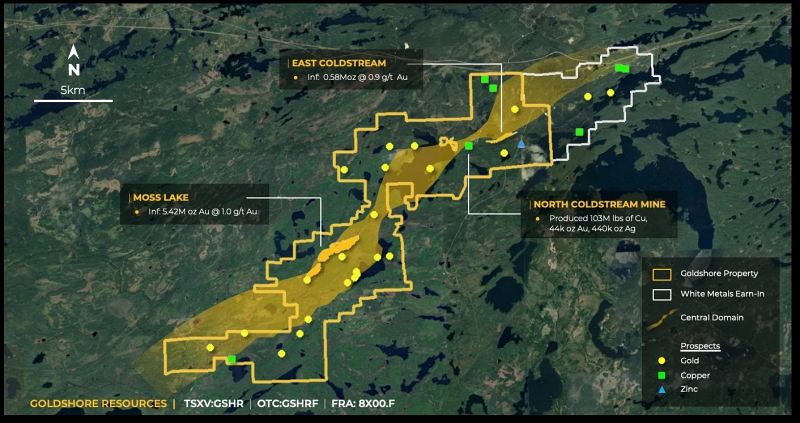Goldshore Resources Location of Moss and East Coldstream in the Moss Gold Project