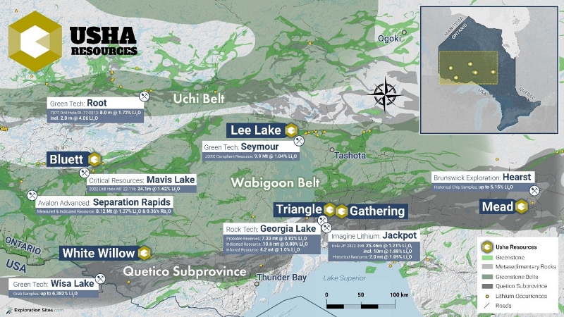 Usha Resources Regionale Karte auf der die Lage des Lithium Pegmatit Portfolios von Usha