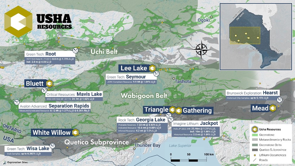 Usha Resources Regionale Karte auf der die Lage von Ushas Lithium Pegmatit Portfolio im Vergleich zu anderen bedeutenden Projekten in der Region eingezeichnet ist