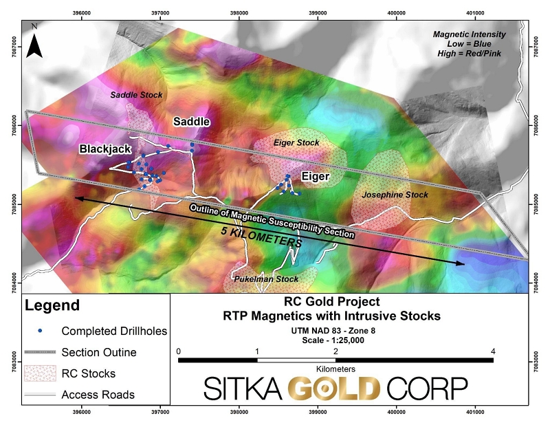 Sitka Gold Intrusionslagerstätten entlang des 5 km langen Blackjack Korridors und magnetische Empfindlichkeit