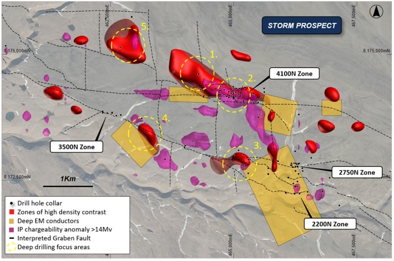 American West Metals Geophysical interpretation map showing focus areas numbered for diamond drilling 800