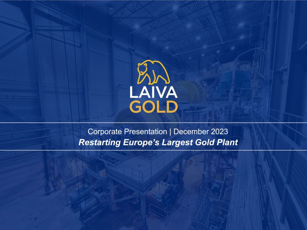 Titelseite der Laiva Gold Unternehmenspräsentation, Dezember 2023, mit dem Titel "Restarting Europe's Largest Gold Plant".