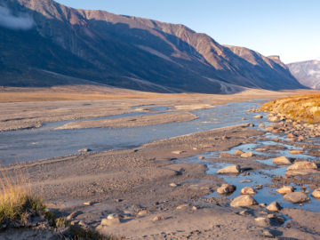 Owl River bed in arctic remote valley, Akshayuk Pass, Nunavut. Beautiful arctic landscape in the late, sunny afternoon. Iconic mountains on distant horizon. Autumn colors.