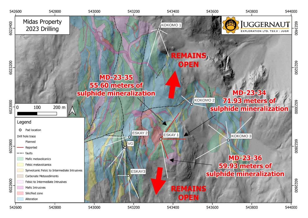 First breakthrough at Midas: Juggernaut hits "right sulphide mineralization” over up to 71.93 m