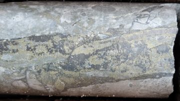 Brixton Metals – Foto des Bohrkerns HHD-005 bei 903,5 m, der eine subvertikale Pyrit-Enargit-Ader zeigt, die eine Diatrembrekzie durchschneidet