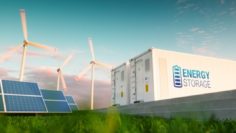 Concept of energy storage system. Renewable energy – photovoltaics, wind turbines and Li-ion battery container in morning fresh nature. 3d rendering.