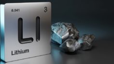 Lithium element symbol from the periodic table near metallic lithium with copy space. 3d illustration.