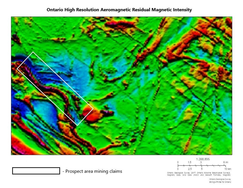 Aeromagnetische Karte von Ontario zeigt Intensität des Erdmagnetfelds im Prospektionsgebiet von First Lithium Minerals.