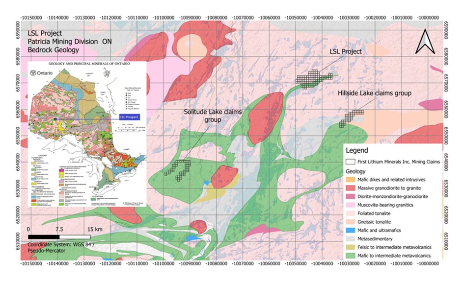 Geologische Karte des LSL Projekts in der Patricia Mining Division, Ontario, mit farbcodierten geologischen Formationen und Anspruchsgruppen.