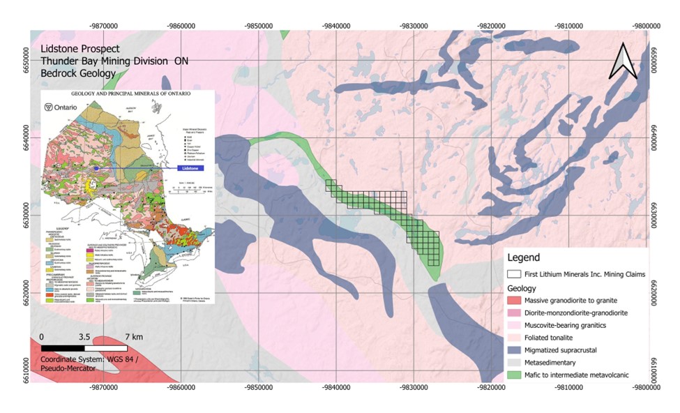 Karte des Lidstone-Prospekts in der Thunder Bay Mining Division, Ontario, zeigt geologische Formationen und Mining Claims von First Lithium Minerals Inc.