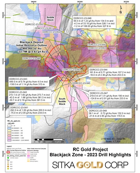 Geologische Übersichtskarte des RC Gold Projekts der Blackjack-Zone von Sitka Gold Corp mit Hervorhebungen der Bohrhöhepunkte 2023 inklusive Tiefen und Goldgehalt.