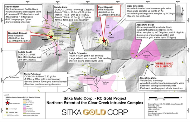 Karte des nördlichen Teils des Clear Creek Intrusionskomplexes von Sitka Gold Corp. zeigt Explorationsbereiche, Goldanomalien, geologische Formationen und Bohrergebnisse verschiedener Zonen.
