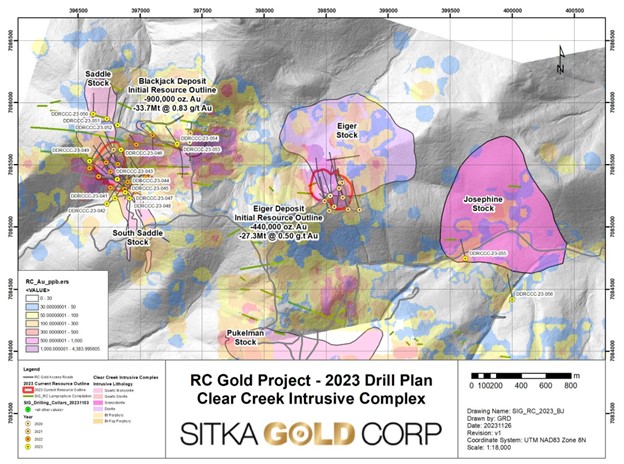 Geologische Übersichtskarte von Sitka Gold Corp. zeigt den Bohrplan 2023 für das RC Goldprojekt im nördlichen Bereich des Clear Creek Intrusive Complex mit Ressourcenkonturen und Bohrlochstandorten.