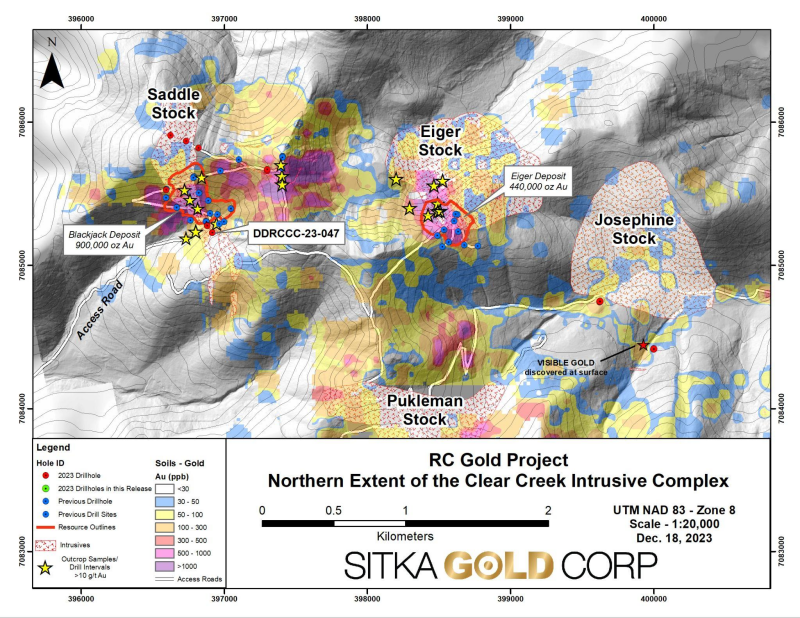 Geologic overview map of Sitka Gold Corp's RC Gold Project showing 2023 drill planning in the Clear Creek Intrusive Complex area.