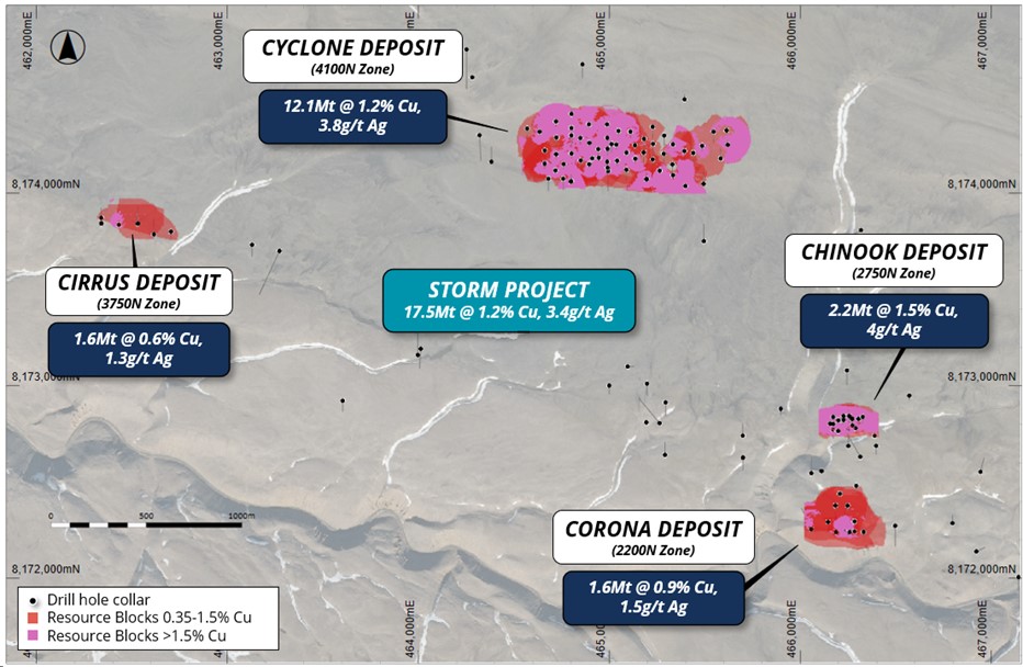 Aerial view of the project areas "CYCLONE", "CIRRUS", "STORM", "CORONA" and "CHINOOK" with respective resource information and drill hole markings.